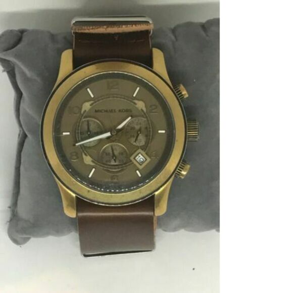 Michael Kors MK8227 Men's Watch Chronograph Brown Leather Band Analog 45mm C81 - Picture 1 of 7